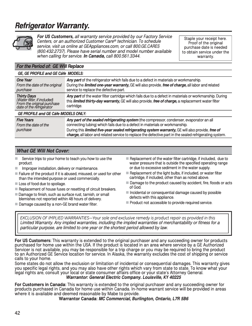 Página 1 del manual Información de garantía GE PYD22KYNFS