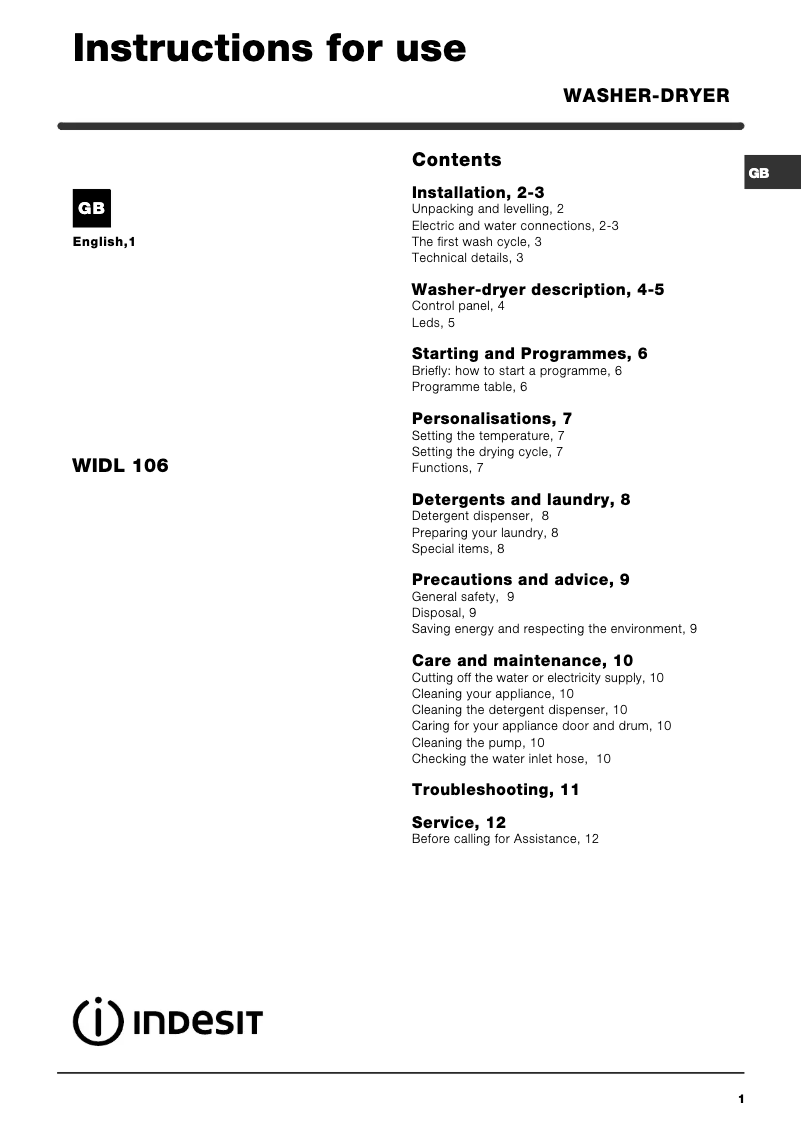 Página 1 del manual Manual de usuario Indesit WIDL 106 (AUS)