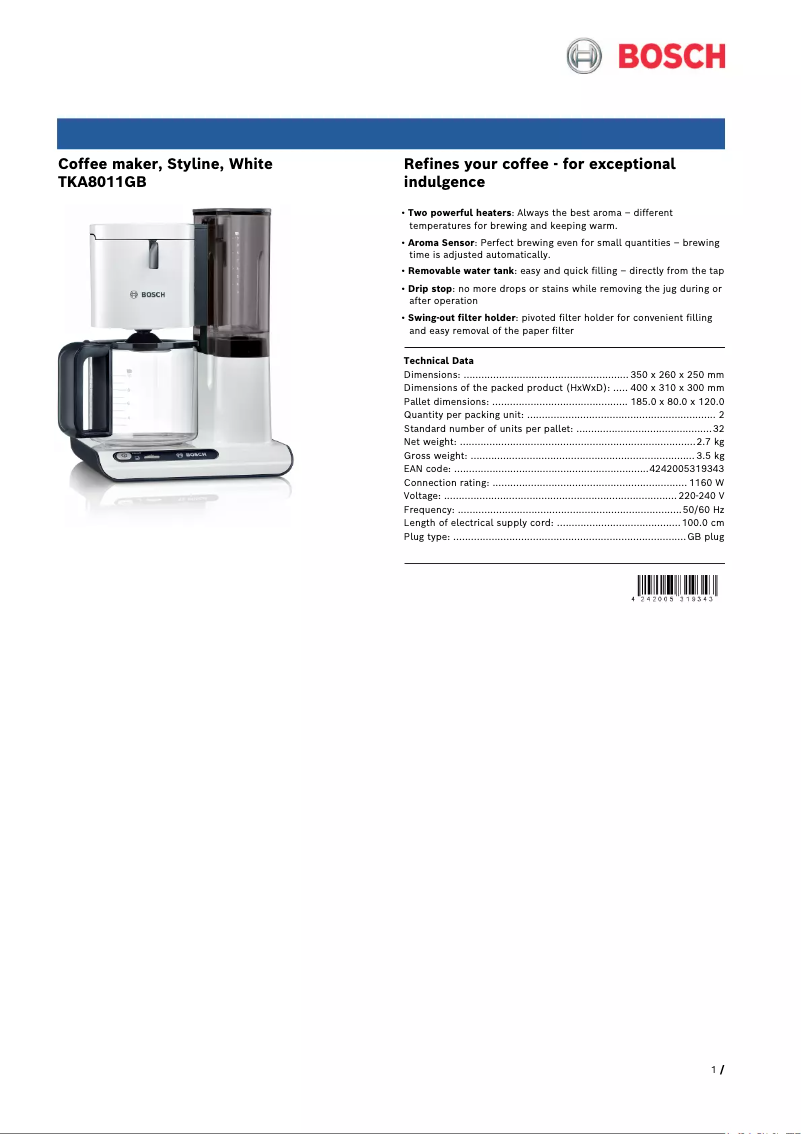 Página nº 1 - Ficha técnica Bosch TKA8011GB