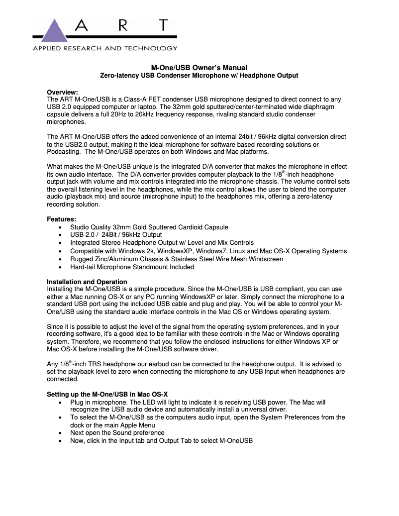 Imagen de la primera página del manual del dispositivo M-One/USB