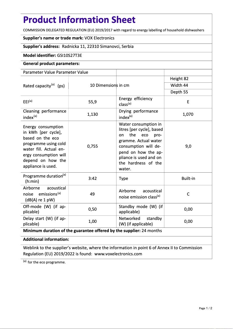 Página 1 del manual Ficha técnica VOX GSI10S27T3E