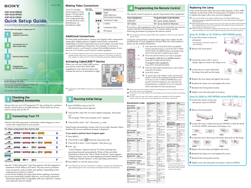 Página 1 del manual Guía de instalación Sony KDF-55XS955