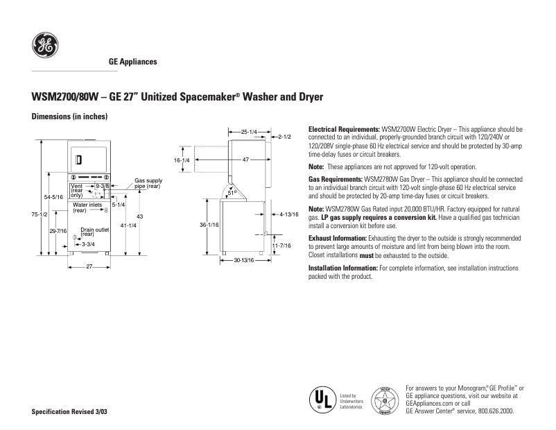 Página 1 del manual Ficha técnica GE WSM2780WAA