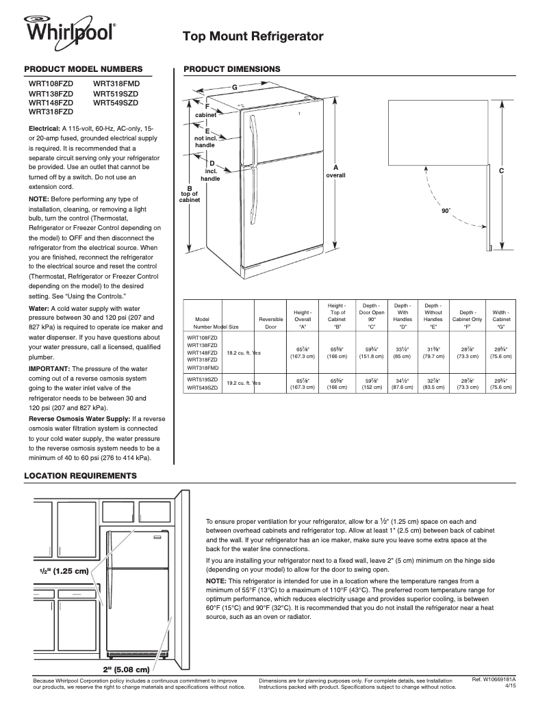 Página 1 del manual Ficha técnica Whirlpool WRT318FMD