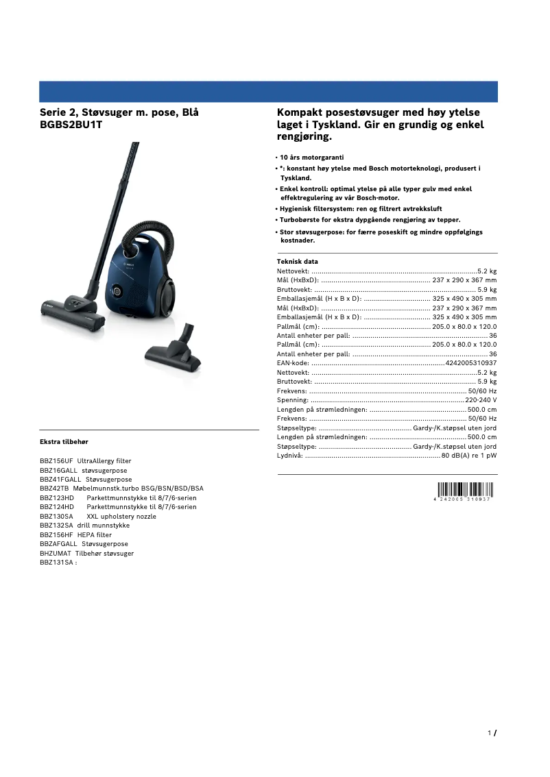 Página 1 del manual Folleto Bosch BGBS2BU1T