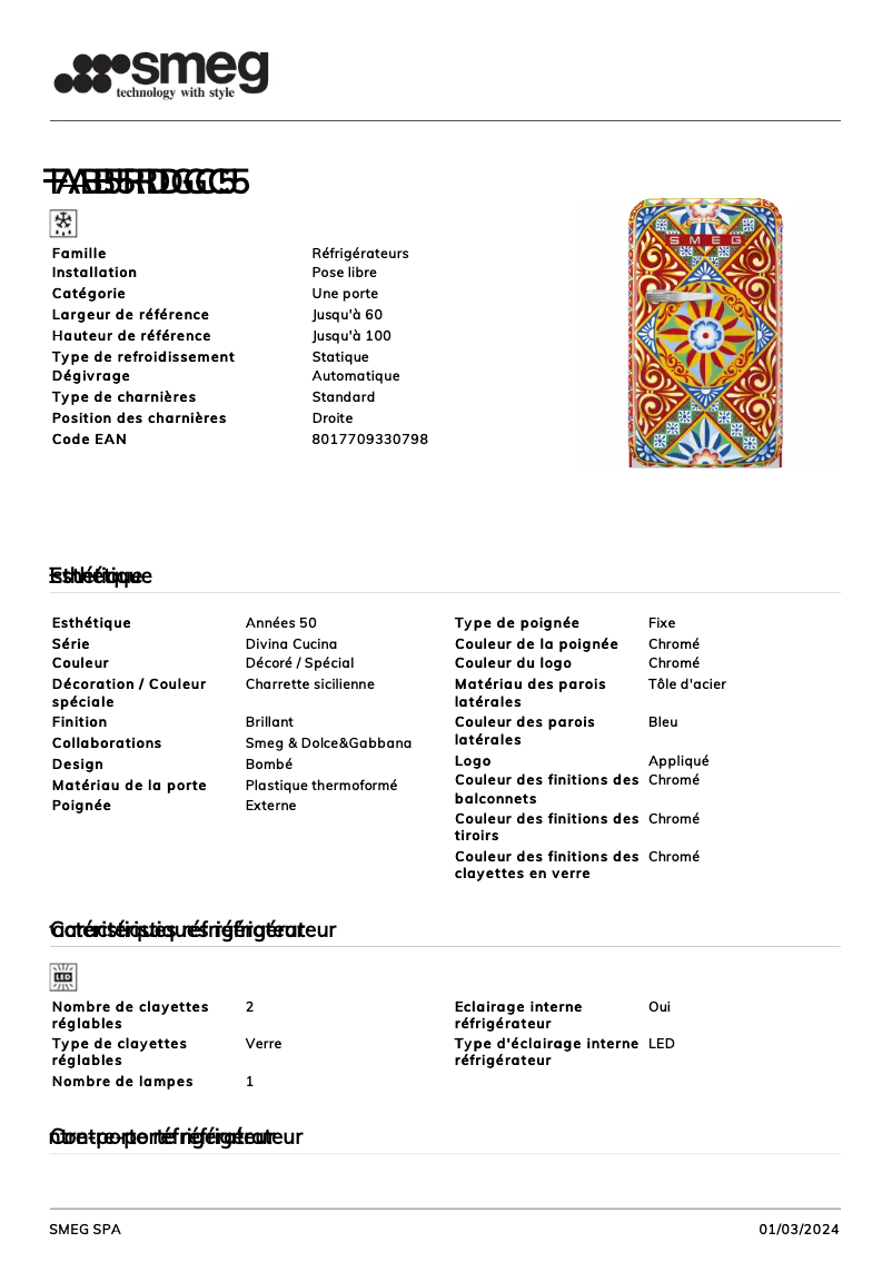 Página 1 del manual Ficha técnica Smeg FAB5RDCG