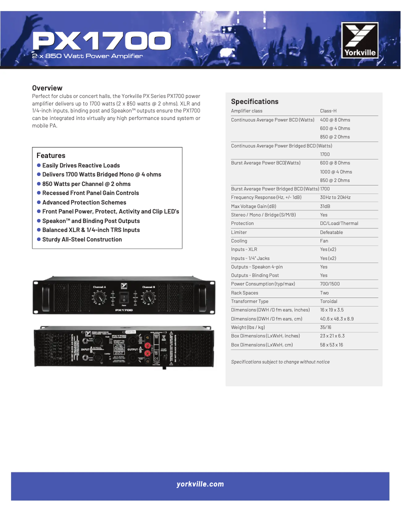 Página 1 del manual Ficha técnica Yorkville PX1700