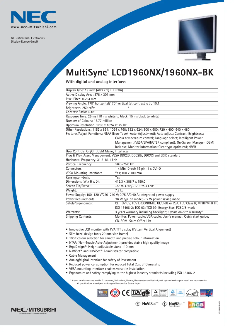 Imagen de la primera página del manual del dispositivo MultiSync LCD1960NX