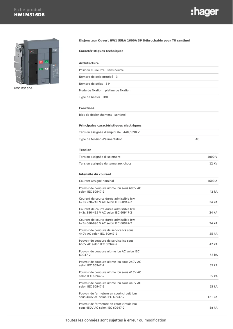 Página 1 del manual Ficha técnica Hager HW1M316DB