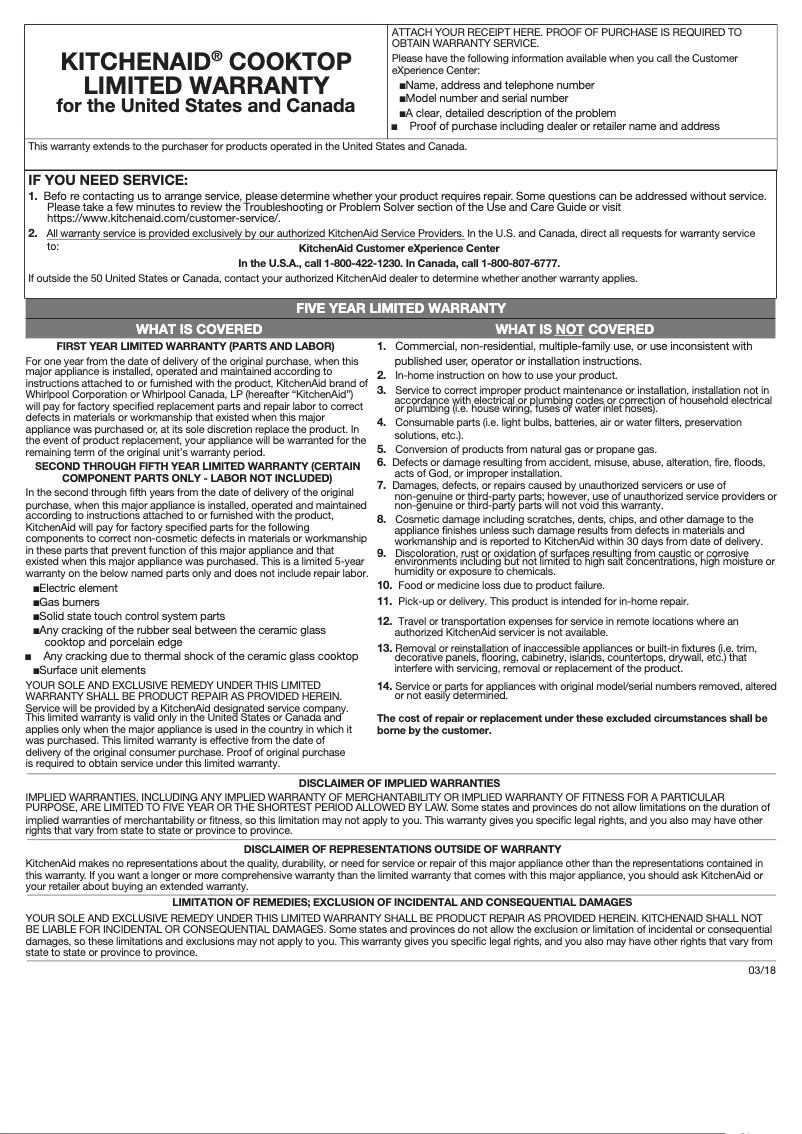 Página nº 1 - Información de garantía KitchenAid KCES550HSS