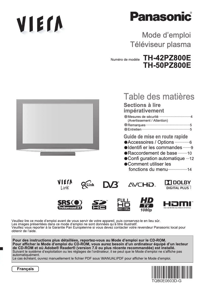 Página 1 del manual Manual de usuario Panasonic Viera TH-50PZ800E