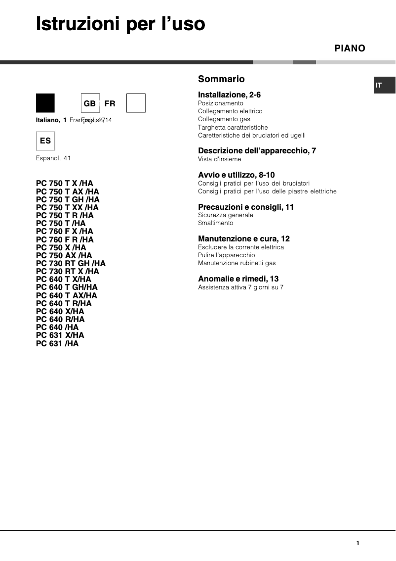Página 1 del manual Manual de usuario Hotpoint Ariston PC 750 T (OW) R /HA