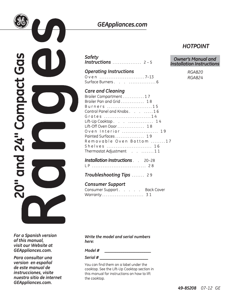Imagen de la primera página del manual del dispositivo RGA820DEDWW