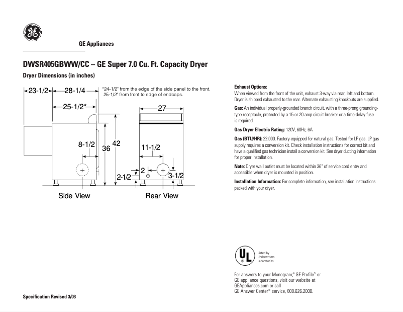 Página 1 del manual Ficha técnica GE DWSR405GBWW