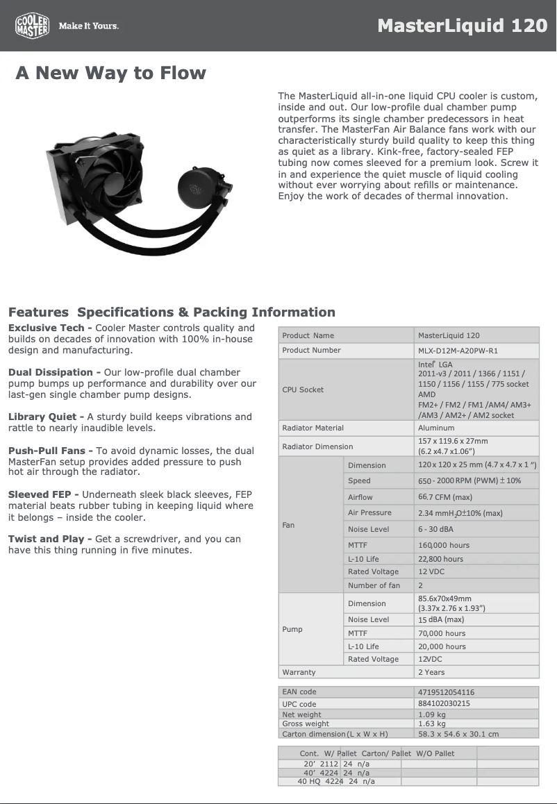 Página 1 del manual Ficha técnica Cooler Master MasterLiquid 120