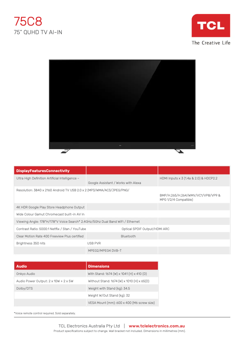 Página 1 del manual Ficha técnica TCL 75C8