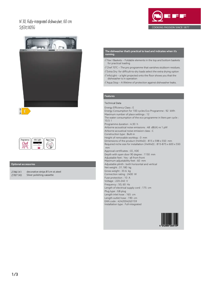 Página nº 1 - Ficha técnica Neff S353ITX05G