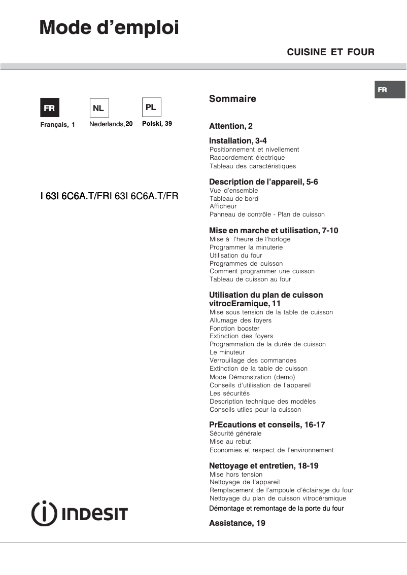 Página 1 del manual Manual de instrucciones Indesit I63I 6C6A.T(X)/FR