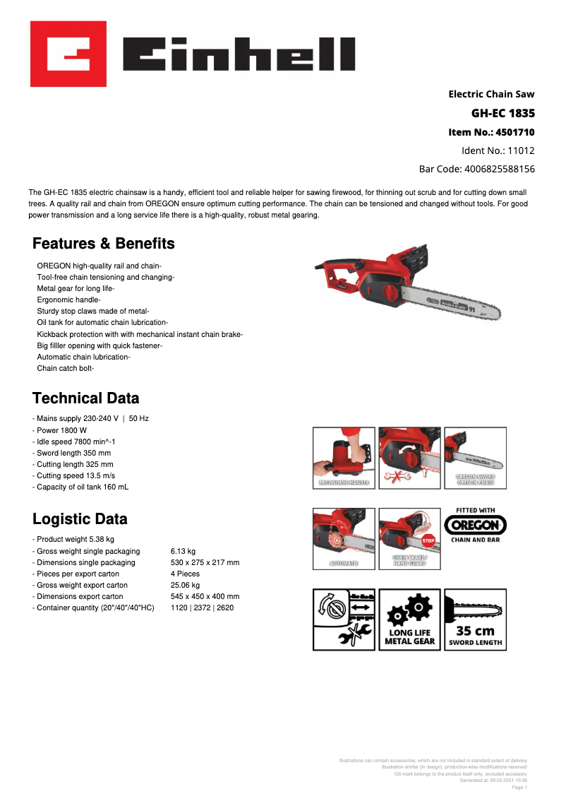 Página 1 del manual Ficha técnica Einhell GH-EC 1835
