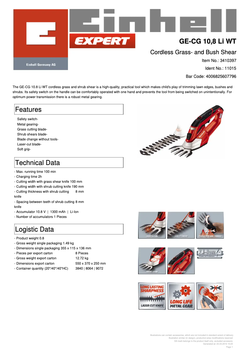 Página 1 del manual Ficha técnica Einhell GE-CG 10,8 Li WT