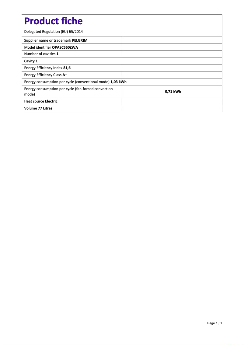 Página 1 del manual Ficha técnica Pelgrim OPASC560ZWA