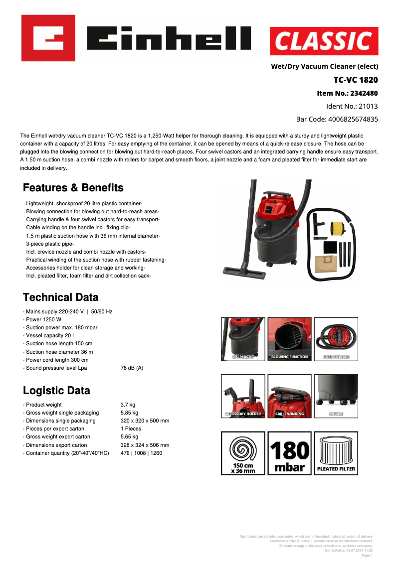 Página 1 del manual Ficha técnica Einhell TC-VC 1820