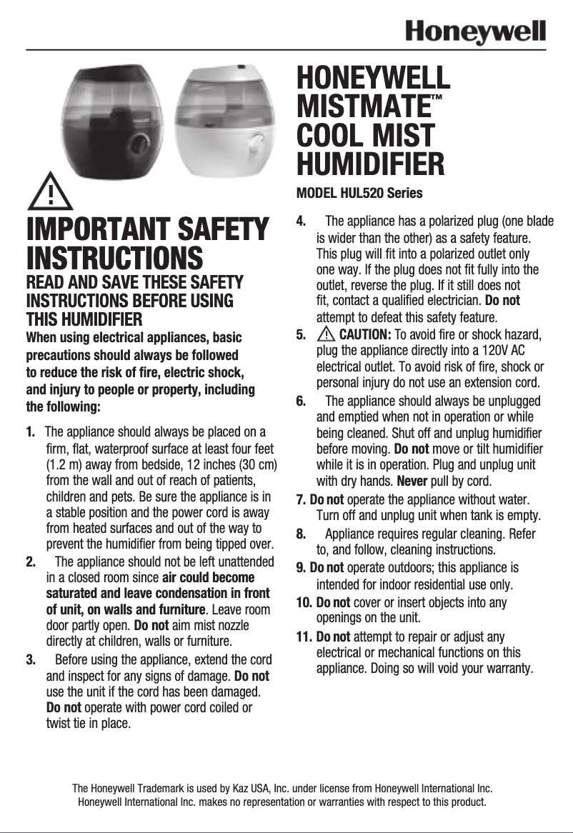Página 1 del manual Manual de usuario Honeywell MistMate HUL520B