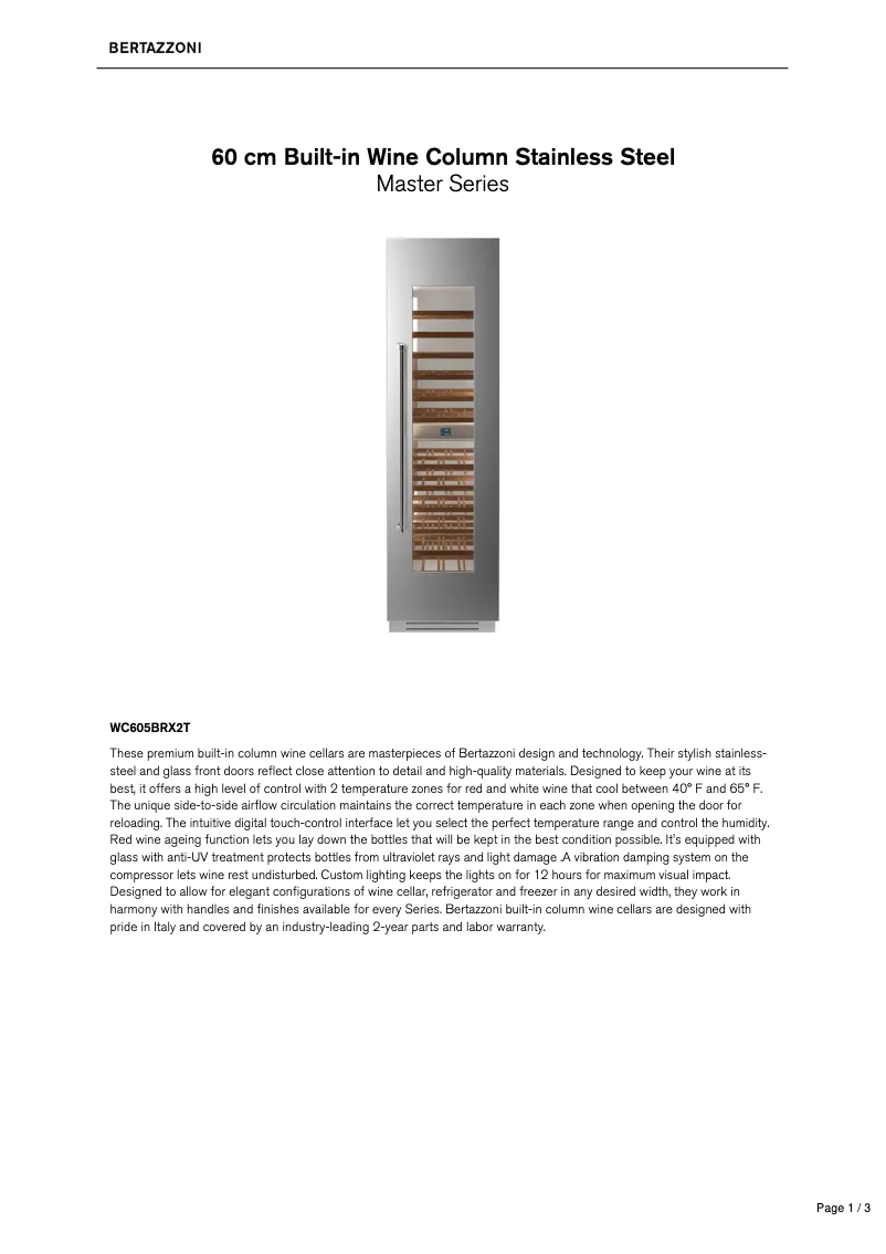 Página 1 del manual Ficha técnica Bertazzoni WC605BRX2T