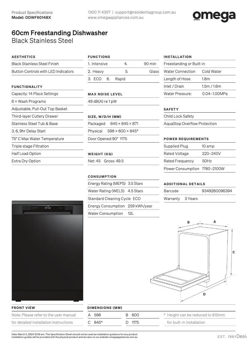 Imagen de la primera página del manual del dispositivo ODWF6014BX