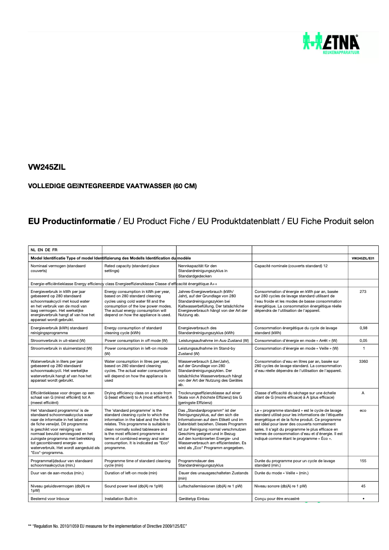 Página 1 del manual Ficha técnica Etna VW245ZIL