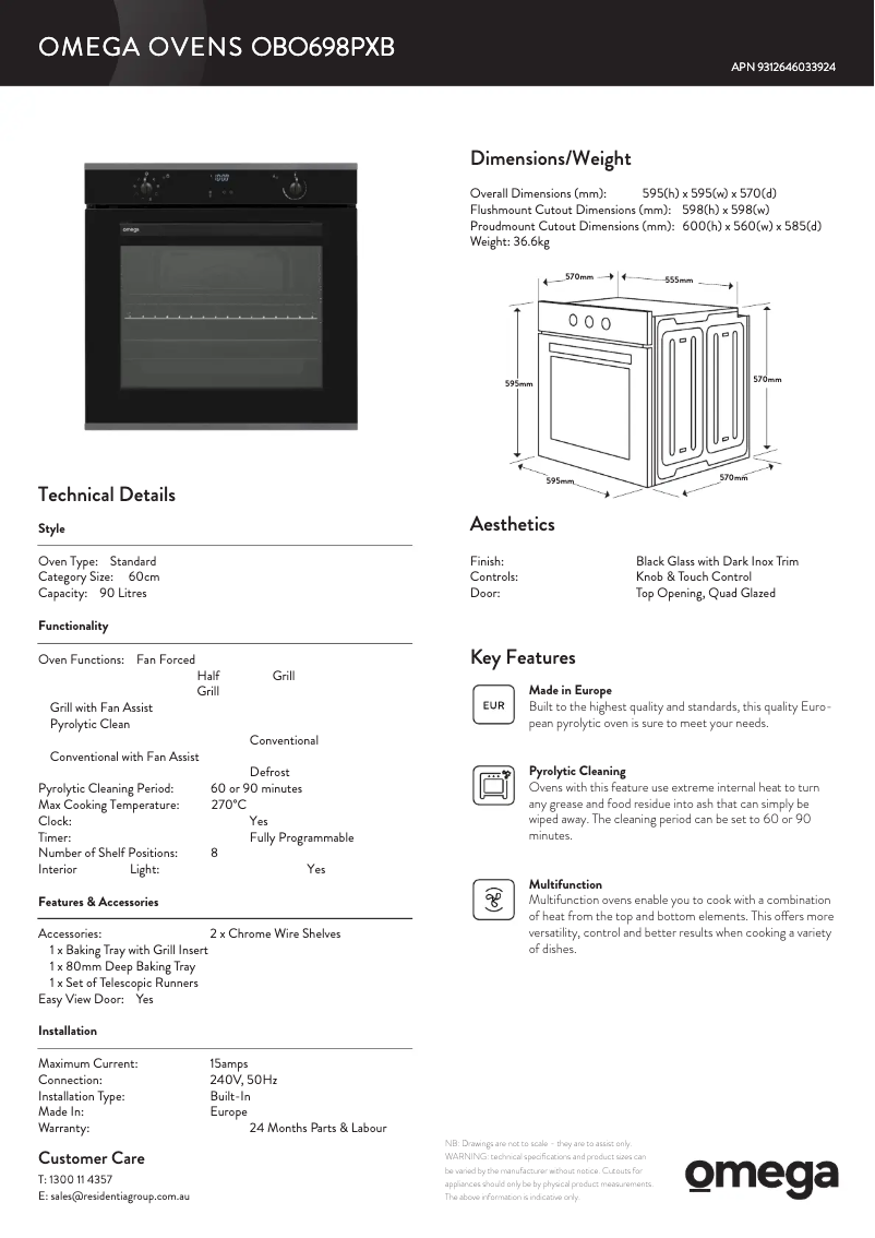Página 1 del manual Ficha técnica Omega OBO698PXB