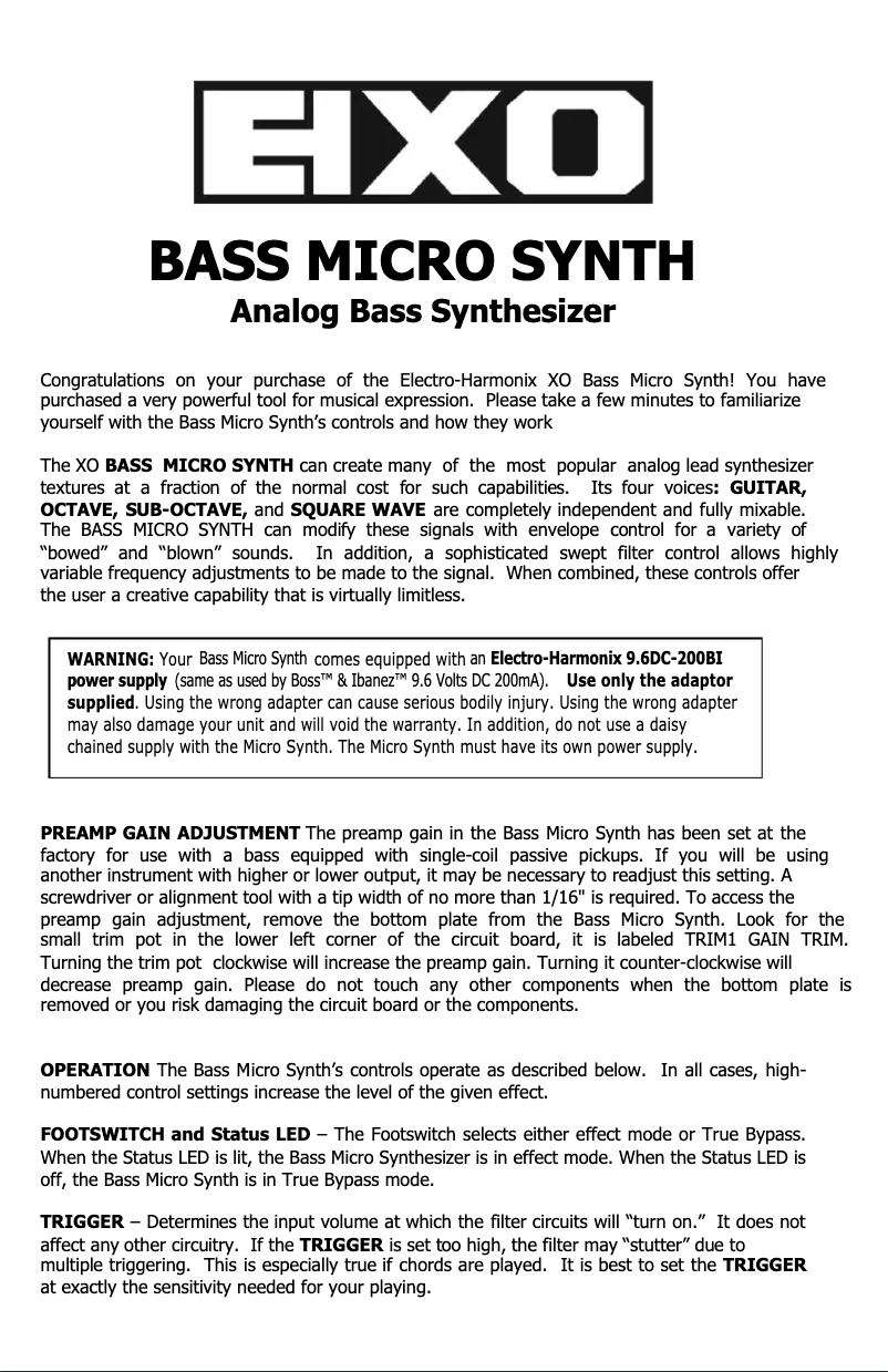 Página nº 1 - Manual de usuario Electro Harmonix Bass Micro Synth