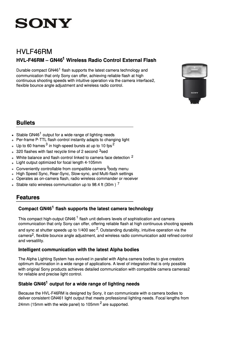 Página 1 del manual Ficha técnica Sony HVL-F46RM