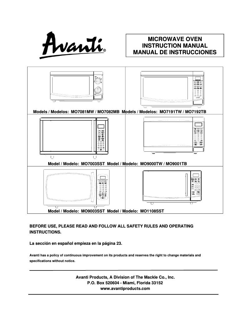 Página 1 del manual Manual de usuario Avanti MO9003SST