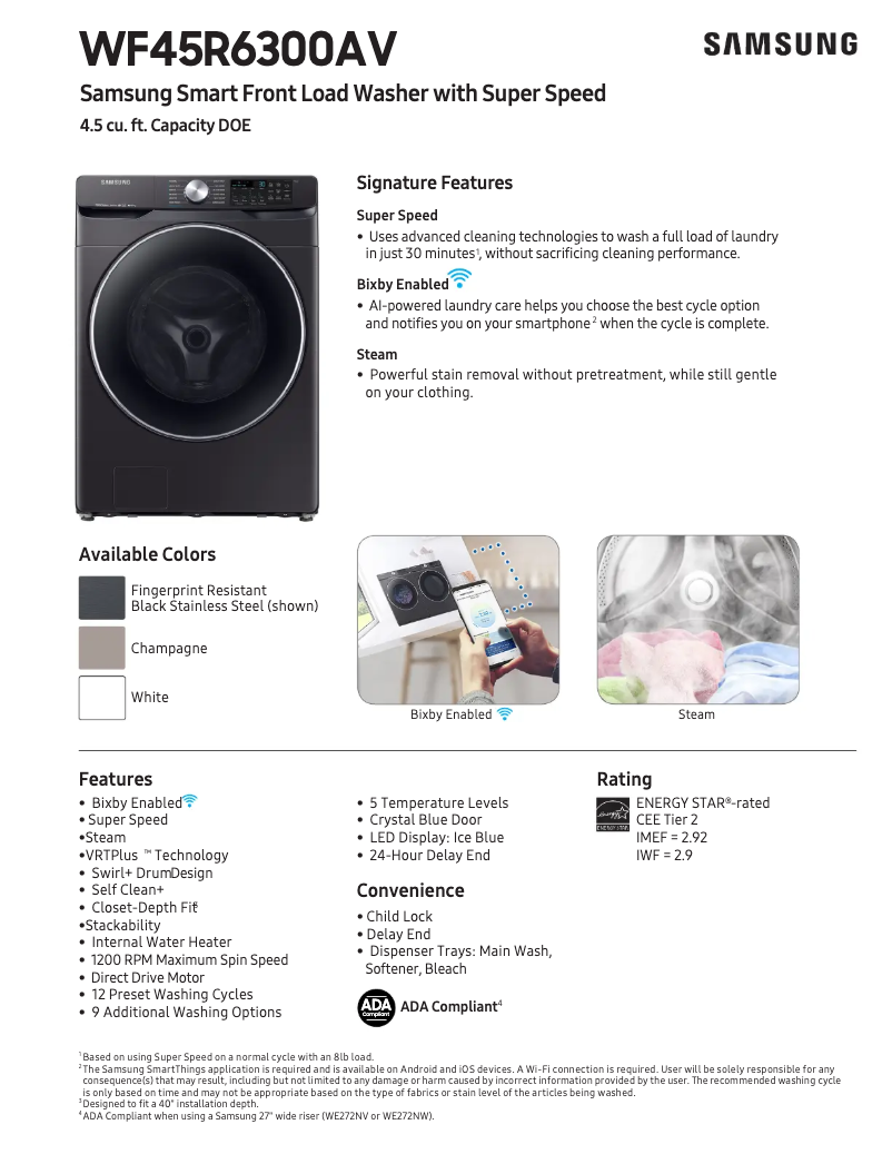 Página 1 del manual Ficha técnica Samsung WF45R6300AV/US