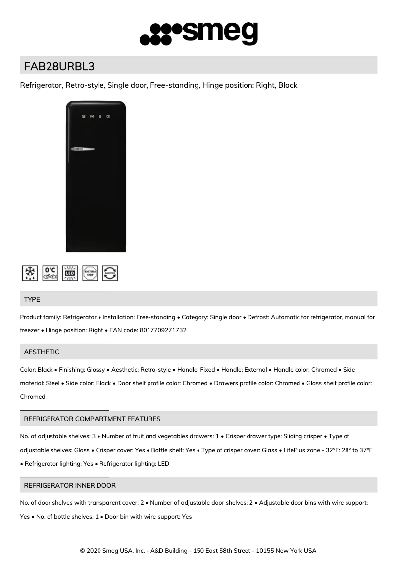 Página 1 del manual Ficha técnica Smeg FAB28URBL3