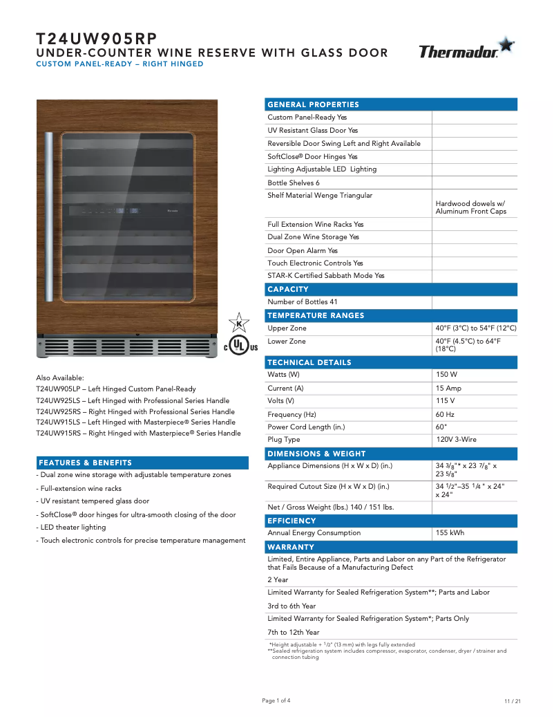 Página 1 del manual Ficha técnica Thermador T24UW905RP
