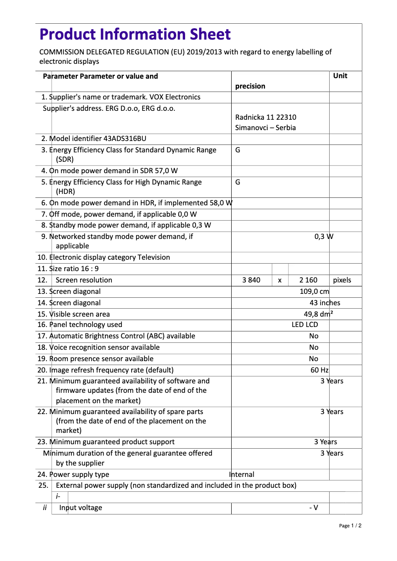 Página 1 del manual Manual de usuario VOX 43ADS316BU