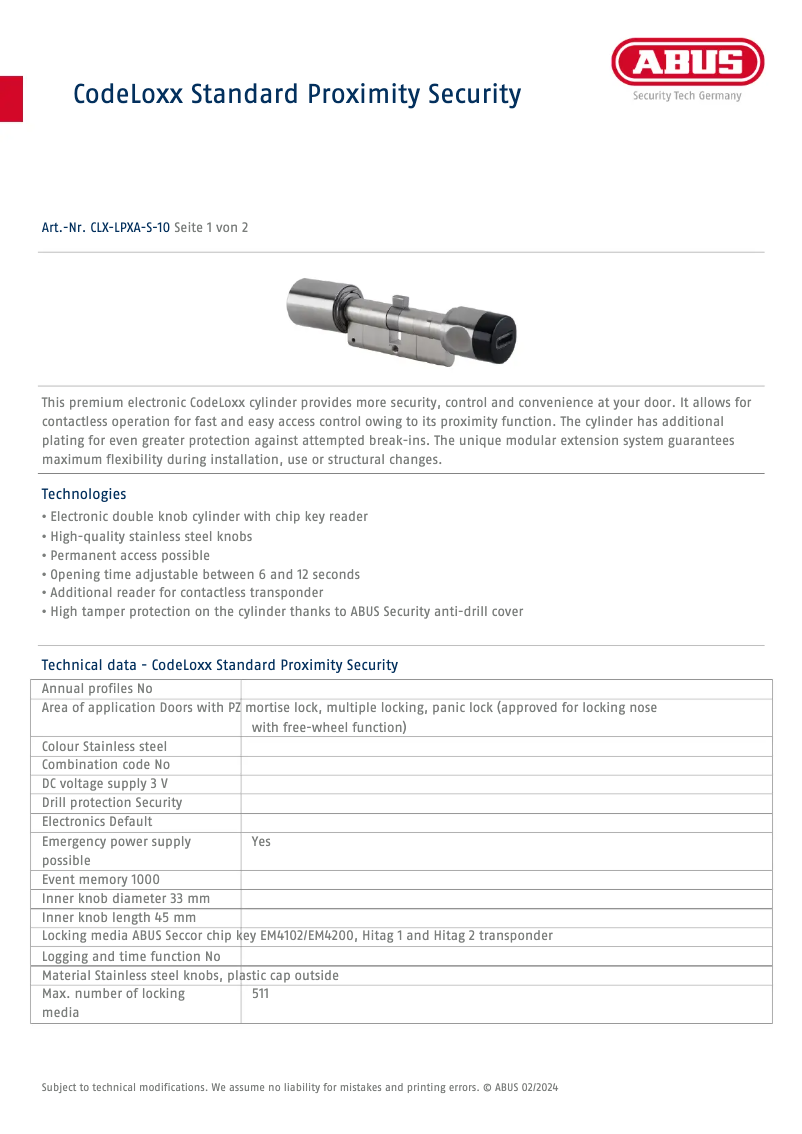 Página 1 del manual Ficha técnica Abus CLX-LPXA-S-10