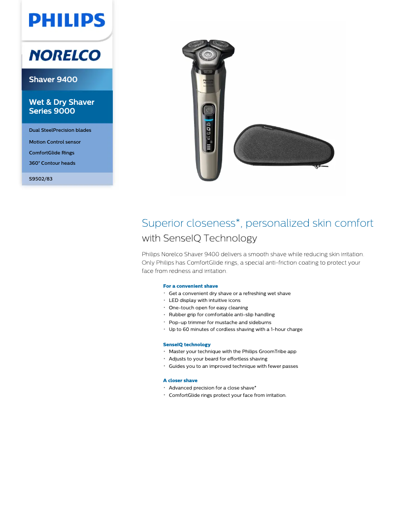 Imagen de la primera página del manual del dispositivo Norelco Series 9400 S9502