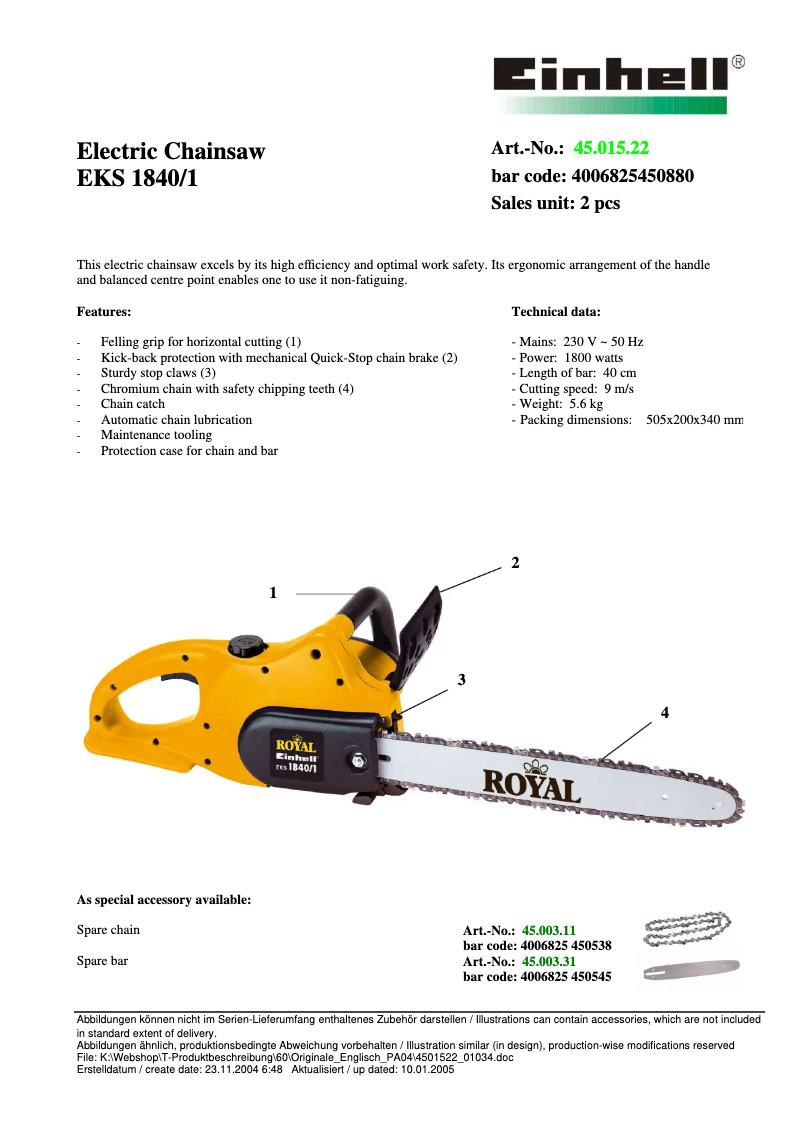 Imagen de la primera página del manual del dispositivo Royal EKS 1840/1