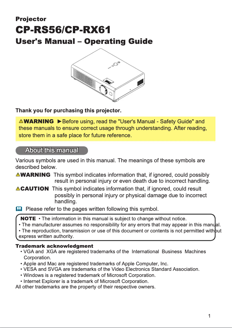 Página nº 1 - Manual de usuario Hitachi CP-RS56