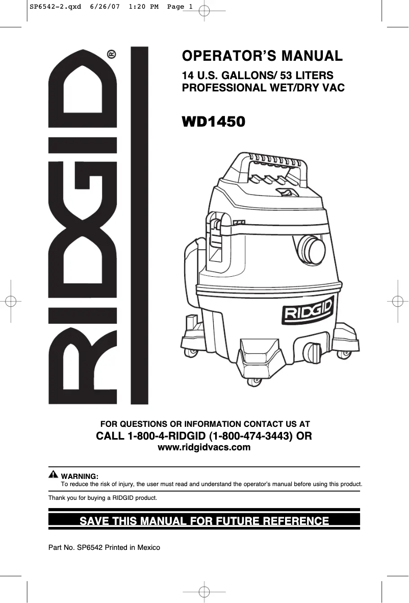 Página nº 1 - Manual de usuario Ridgid WD1450