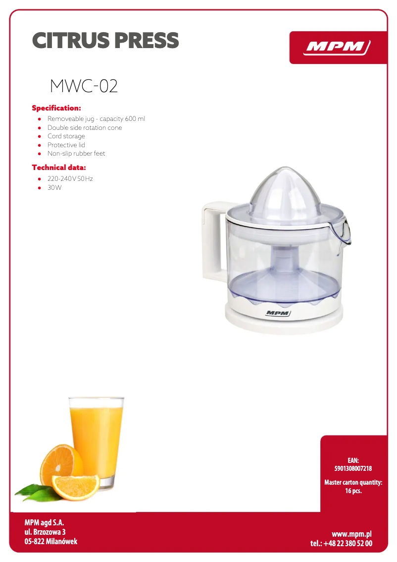 Página 1 del manual Ficha técnica MPM MWC-02