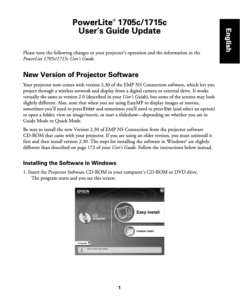Imagen de la primera página del manual del dispositivo PowerLite 1705c