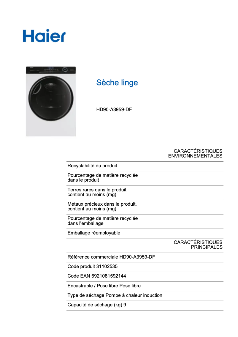Página 1 del manual Etiqueta energética Haier HD90-A3979