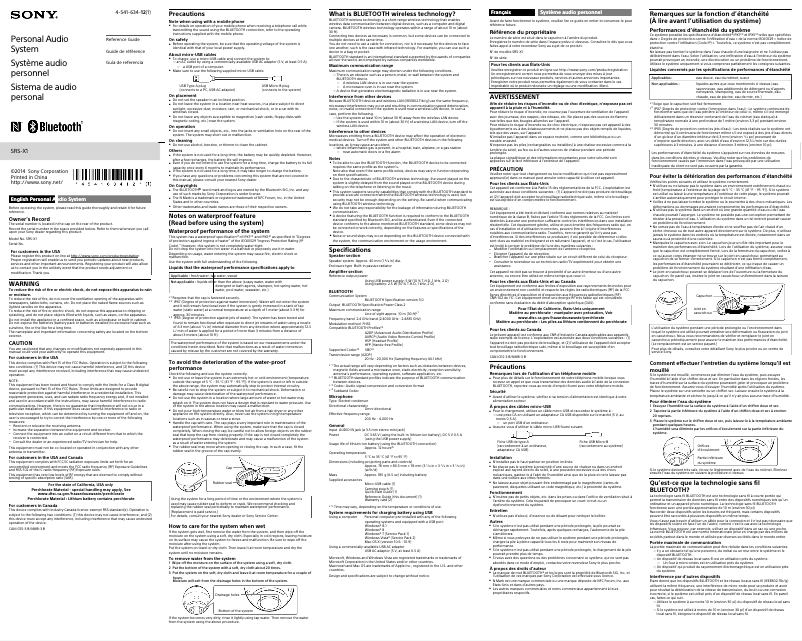 Imagen de la primera página del manual del dispositivo SRS-X1