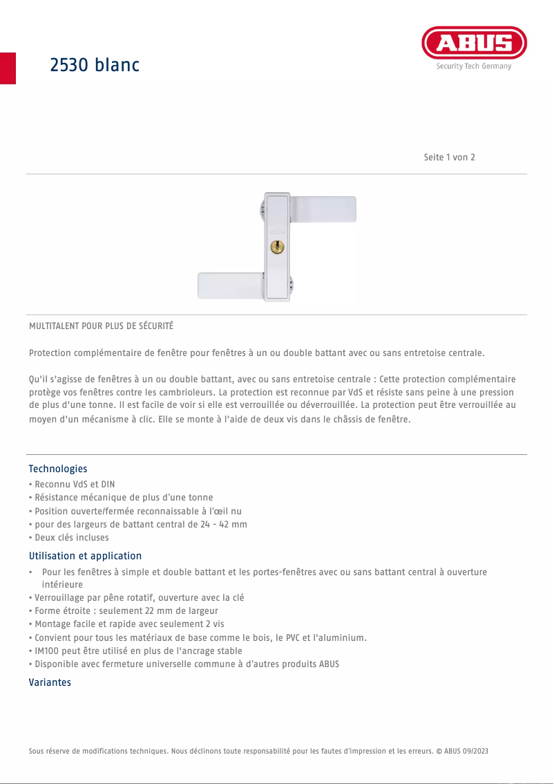 Página 1 del manual Ficha técnica Abus 2530