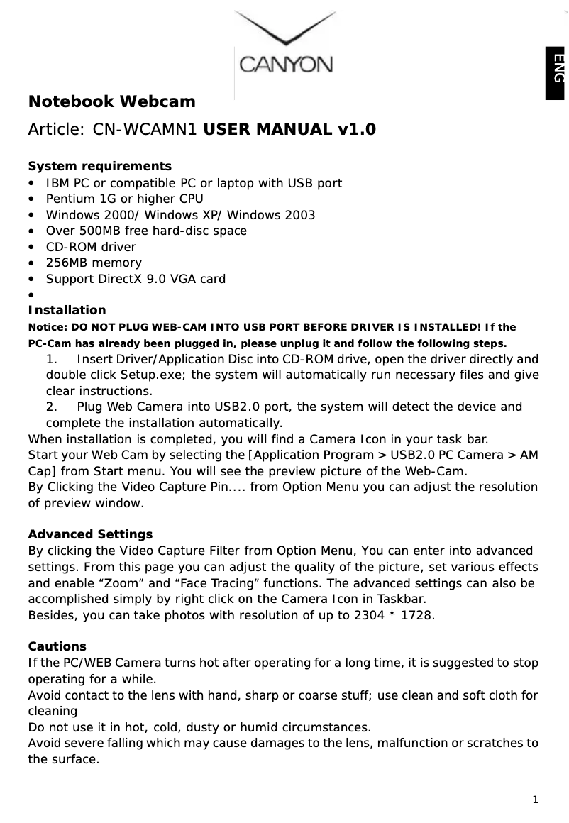 Página 1 del manual Manual de usuario Canyon CNP-WCAMN1