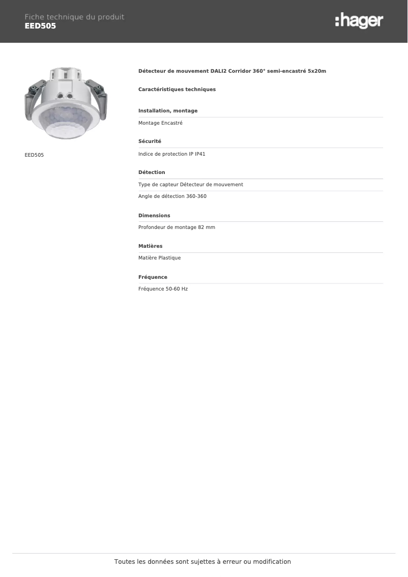 Página 1 del manual Ficha técnica Hager EED505